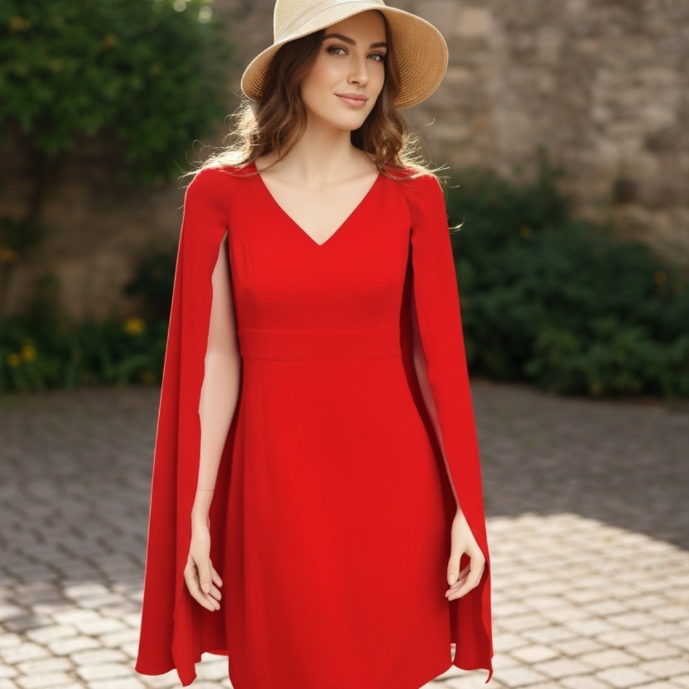 Trina Turk Elegant Red V-Neck Cape Sleeve Dress V Neck Cocktail Mini Stretch
